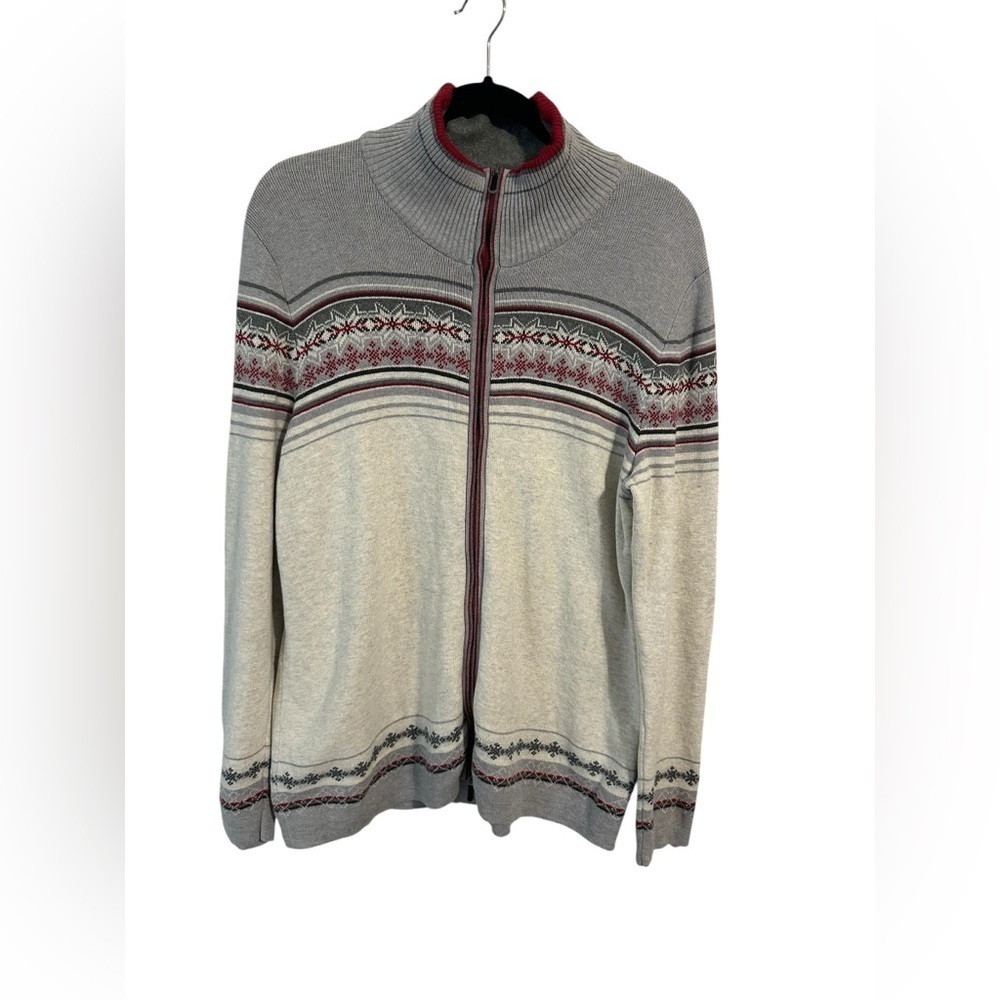 Eddie Bauer Sweater Women Full Zip Gray Fair Isle Snowflakes Y2K SZ‎ XL Holiday